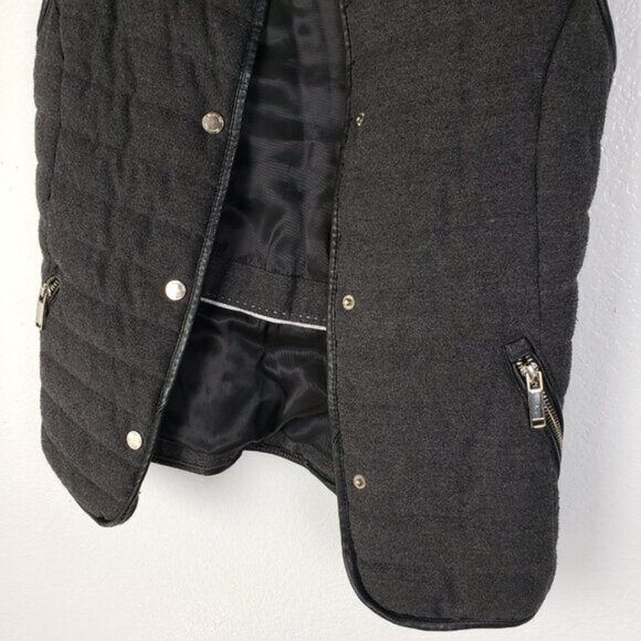 Massimo Dutti Puffer Vest Snap Buttons size XS Black/ Gray Leather Trim - Picture 15 of 15